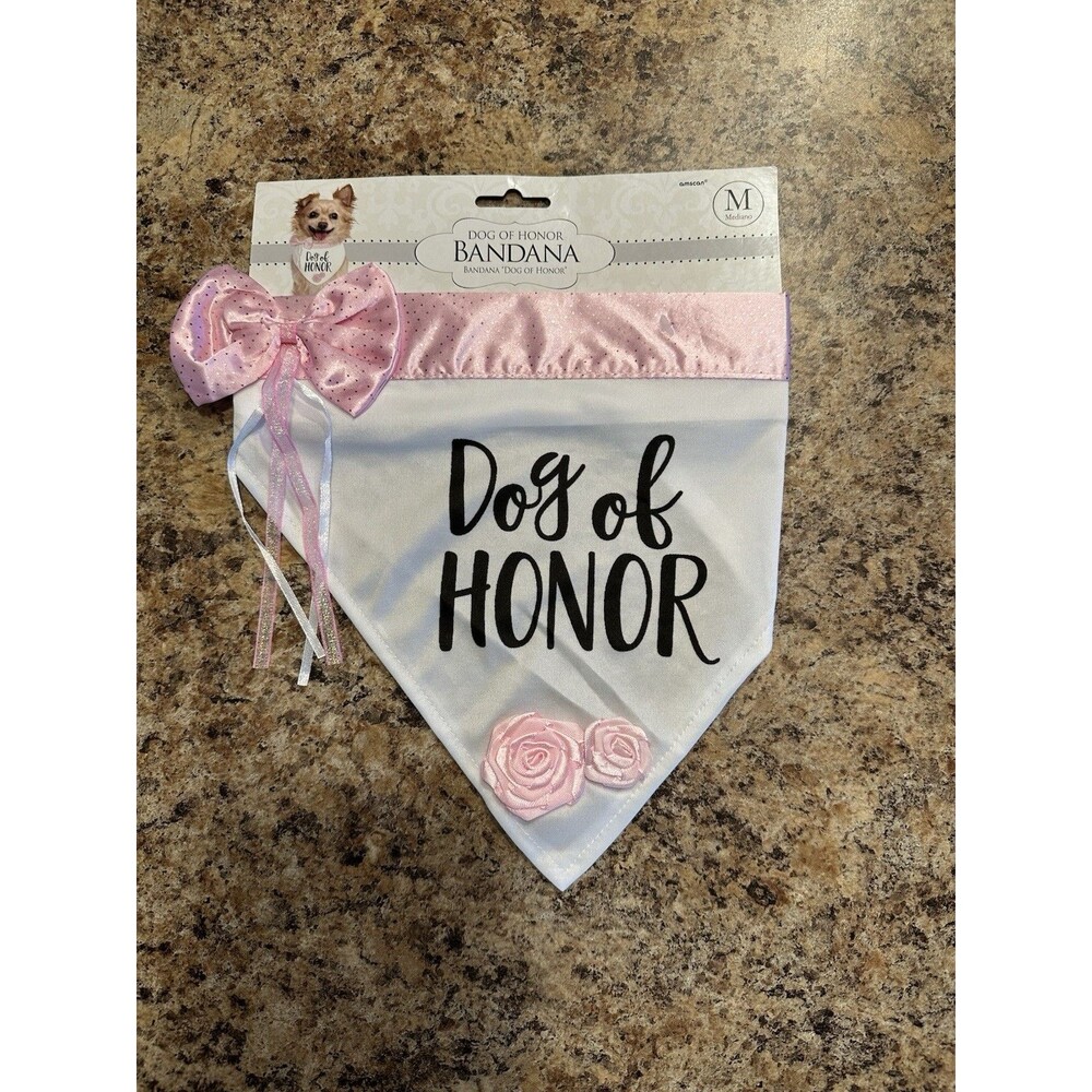 Dog of Honor Bandana Wedding Pink White Bow Roses One Piece Sz Medium- 20-50lbs